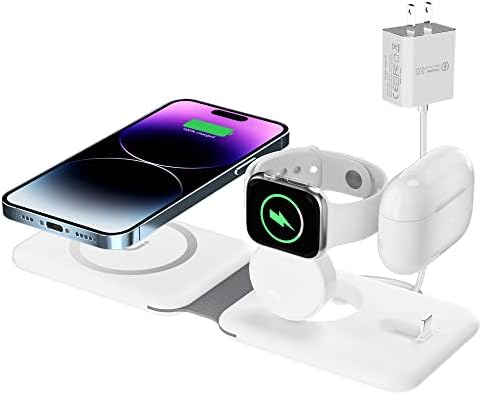 3 in 1 Wireless Charger, Foldable Magnetic Charging Station, Fast Travel Wireless Charging Pad for Multiple Apple Devices, Compatible with iPhone 14/13/12/Pro/Max, iWatch, Airpods (White)