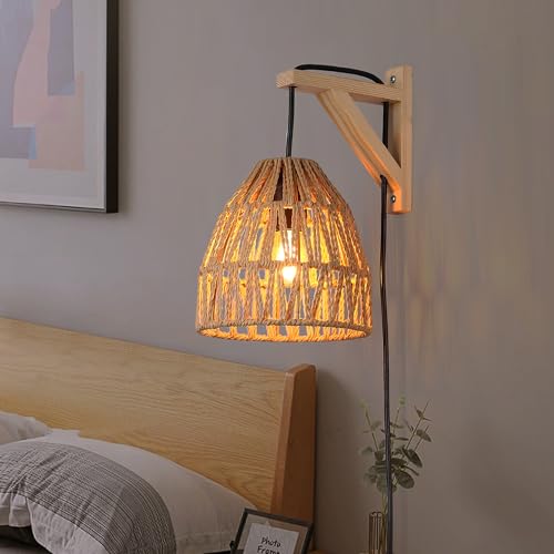 Image of SUNLLOK Modern Plug in Bamboo Wall Light Fixture - Basket Rattan Lampshade Chandelier Hanging Wall Mounted Lamp with Switch, Indoor Wood Wicker Wall Sconces for Kitchen Island Living Room Restaurant