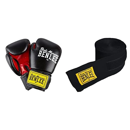 BENLEE Rocky Marciano Leder Boxhandschuh Fighter, Schwarz/ Rot ,(Black/RED) Grösse: 14 oz & Unisex-Adult Rocky Marciano Boxbandagen, Schwarz, 3m