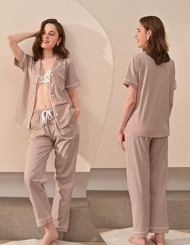 Image of NAP BOUND 100% Cotton Women Pajama Sets Button Down Short Sleeve Sleepwear Soft Pjs 2 Piece Lounge Set with Pocket XS-XXL