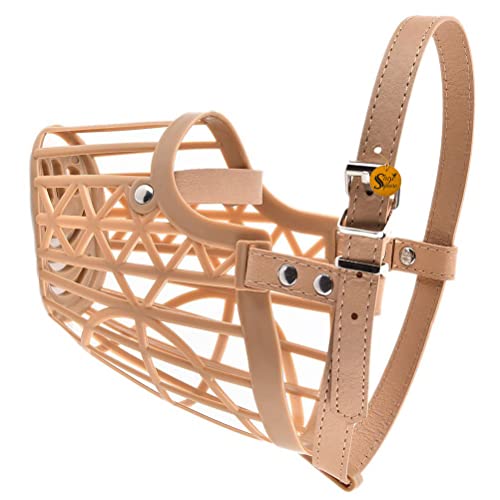 Image of Sage Square Adjustable Strap Muzzle, Mouth Cover, Basket Cage, Pet Safety Collar for Anti Biting Dog. (Beige, Small)