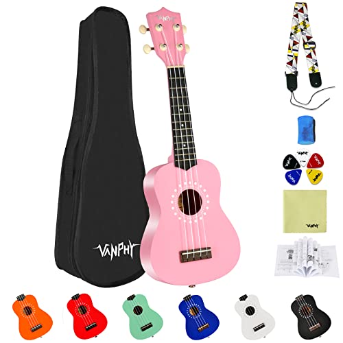 VANPHYÂ Soprano ukulele for beginner kids with Gig Bag,21 Inch uke for Starter, Hawaiian Soprano Ukalalee Polishing adults, Basswood 21 Inch uke bundle with Strap Picks Songbook Cleaning Cloth (Pink)