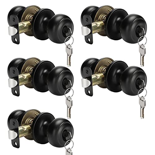 Haidms 5 Pack Matte Black Door Knobs with Lock and Key, Keyed Alike Keyed Entry Door Knobs Exterior, Black Doorknobs for Bedroom