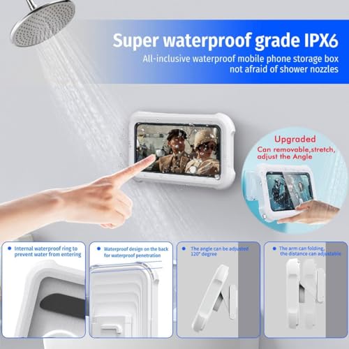 Image of Shower Phone Holder | Waterproof Bathroom Mobile Phone Holder | Anti-Fog Case for Shower | Wall Mountable | 6.8 Inch Support Touch Screen Parent (Pearl White)