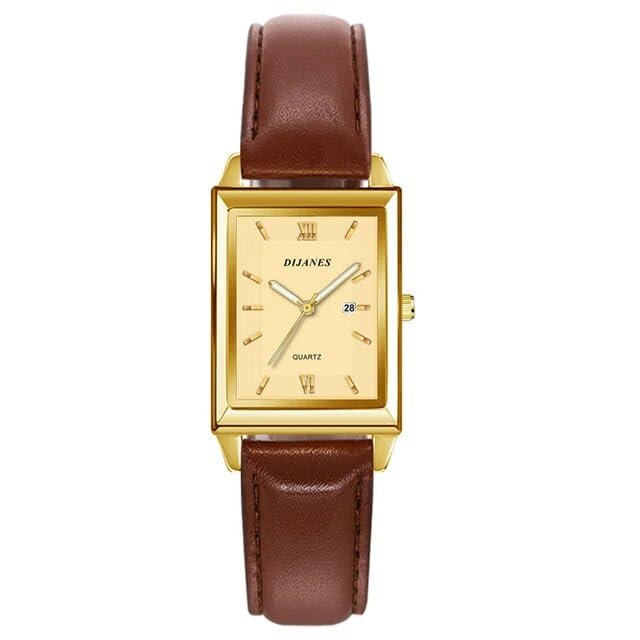 WatchAE - Fashion Mens Business Watches for Men Rectangle Stainless Steel Quartz Wrist Watch Man Casual Leather Watch Relogioss Leather Gold Brown