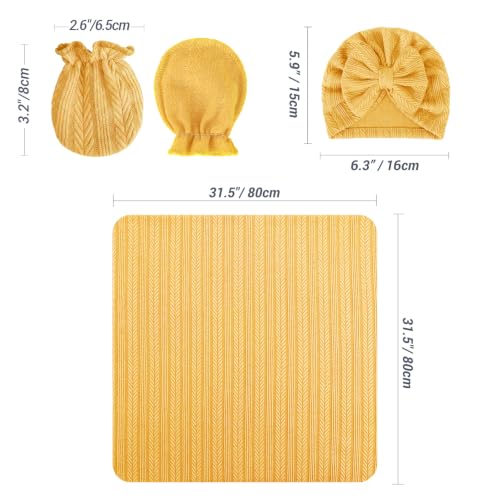 Image of AQOKKA Newborn Receiving Blanket with Bow Hat Headband Wooden Card Set Wheat-Pattern Newborns Toddler Baby Boy Girl Nursery Swaddle Wrap