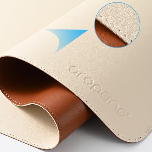 Image of AROPANA Vegan Leather Desk Mat | Large Reversible Mouse Pad & Computer Table Protector | Dual-Side Waterproof Extended Laptop Pad with Edge-Stitched Design (60x35CM, White and Coffee)