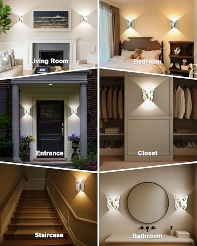 Image of Eneru Motion Sensor Wall Sconce Set of 2, Rechargeable Wall Lights, Indoor | 5000mAh Battery Operated Wall Sconces, Magnetic Butterfly Motion Night Light for Hallway Stair Closet Pantry, White & Gold