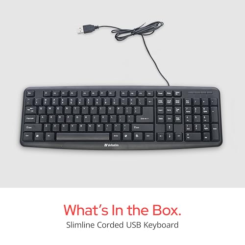 Image of Verbatim Slimline Wired Keyboard USB Plug-and-Play Numeric Keypad Adjustable Tilt Legs Corded Full-Size Computer Keyboard Compatible with PC, Laptop - Frustration Free Packaging Black 99201