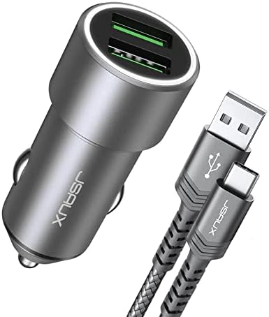 Car Charger, Car USB Charger 36W Fast Charging, JSAUX Metal Dual QC 3.0 Car Adapter with USB-C Cable[3.3ft] Compatible with Samsung Galaxy S10/S9/S8 Plus, Note 9/8, iPhone 7/8/X/XR-Grey