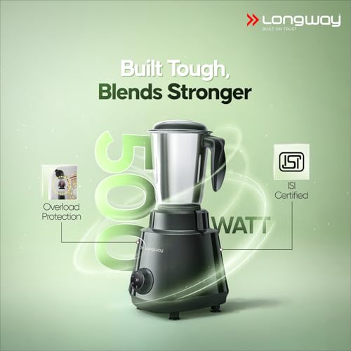 Image of Longway Super Pro Mixer Grinder | 500 Watt Powerful Motor for Grinding, Mixing, Juicing | 2 Years Warranty (Black & Gray)
