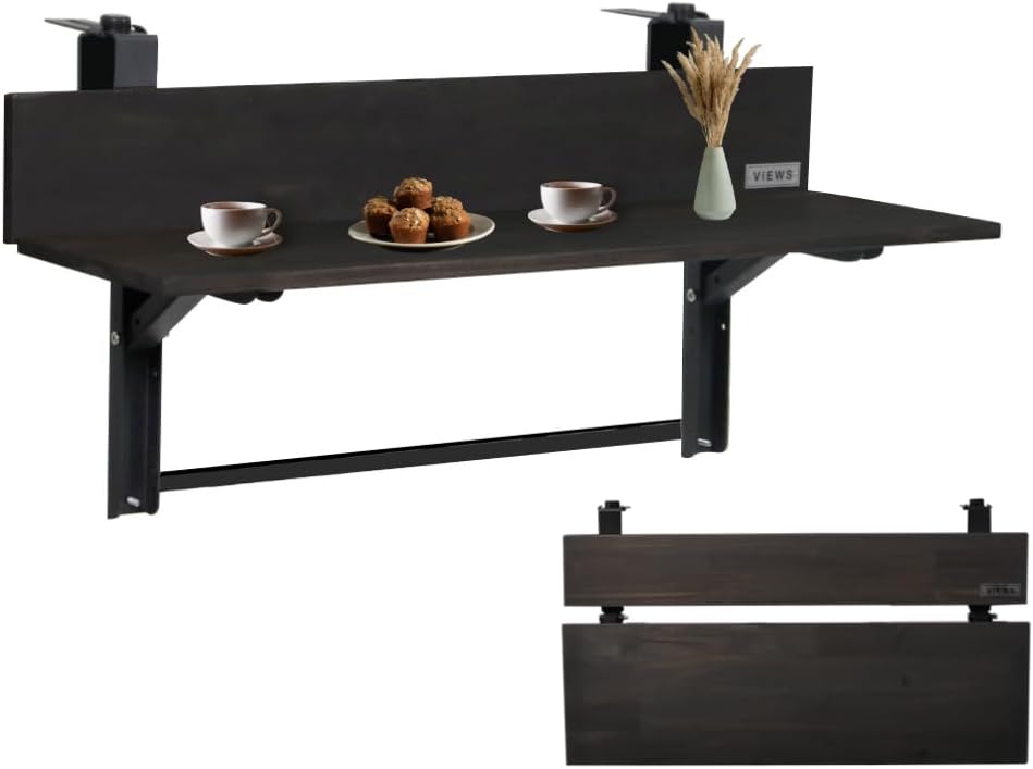 Views 3Ft Folding Balcony Bar Table (Black) - Weather Protected Acacia Wood with Adjustable Steel Brackets for Patio, Deck, Porch,