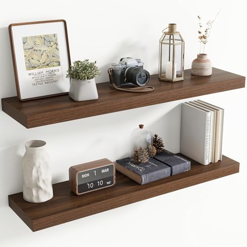 Image of 40 Inch Floating Shelves for Wall, 8 Inch Deep Floating Shelf for Storage & Display, Rustic Wall Mounted Shelf with Invisible Brackets for Living Room, Kitchen, Bathroom, Home Decor, Set of 2, Walnut