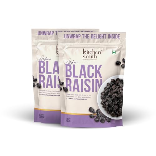 Image of KitchenSmith Seedless Black Raisin - Pack of 2 (500gm Each) | Draksh, Kaali Dakh & Kali Kishmish Raisins | Naturally Sourced, Dried & Sweet Dry Fruits