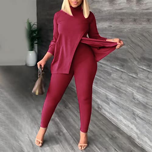 Clueless Jumpsuit Wome Solid Suit Irregular Splicing High Neck Shirt Top Tight Pencil Pants Casual Pants Girls Size Hot Pink #TOP3