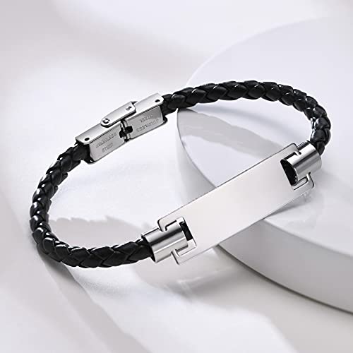 Mealguet Jewelry Personalized Id Leather Bracelet For Men, Stainless Steel And Braided Leather Minimalist Wristband Custom Engraving Id Bracelet Leather Id Bracelet #TOP3
