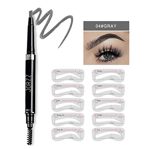 Jorzz Eyebrow Pencil with Brow Brush 1pc with 10 pcs Reusable Eyebrow Stencils Shaper,Waterproof and Retractable Makeup Brow Pencil, Grey