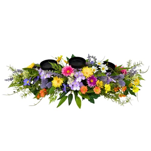 Lnymura 26 Inch Spring Summer Centerpiece with 3 Candle Holders Floral Table Centerpiece with Daisies and Wildflowers for Dining Table Mantel Wall and Farmhouse Table Decoration