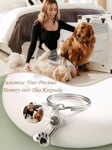 PiercingJak Foto Schlüsselanhänger mit Bild Projektion Hunde Knochen Anhänger mit Gravur Pfotenabdruck Haustier Memorial Gedenken Schlüsselbund Personalisierte Geschenke für Tierliebhaber