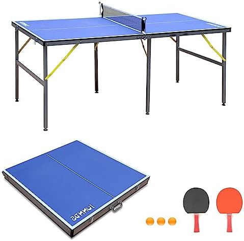 IUNNDS 6X3ft Mid-Size Table Tennis Tables - Indoor/Outdoor Portable Ping Pong Table Game for Adults/Teens,with Net,2 Table Tennis Paddles and 3 Balls
