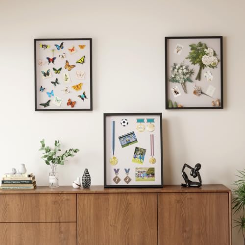 Image of Muzilife 16x20 Shadow Box Frame in Black with MDF Wood Frame and Soft Linen Back, Large Shadow Box Display Case for Memorabilia, Photos, Flowers for Wall or Tabletop Display with 8 pins