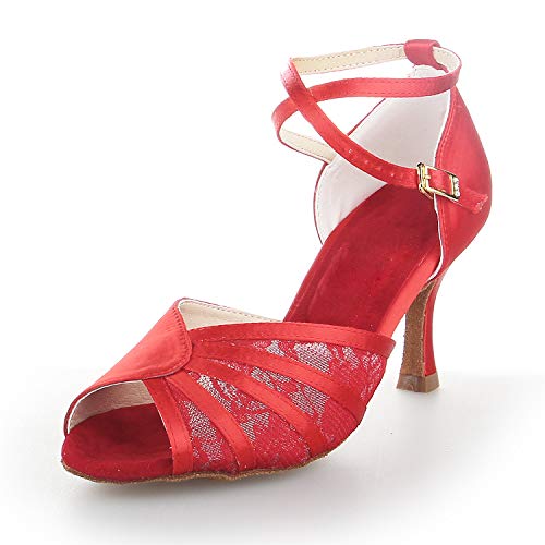 JIAJIA Y20522 De Las Mujeres Sandalias de Raso Tacón Acampanado latín Salsa Actuación Zapatos de Baile Color Rojo,Tamaño 39