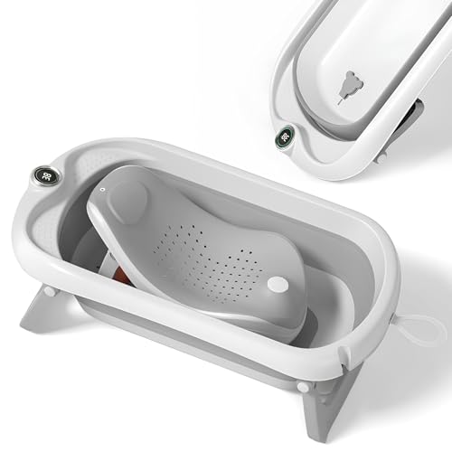 Bañera Plegable Bebé Con Asiento De Baño Antideslizante - bañera Bebe Plegable Con Termómetro - Asiento Bañera Bebe - Silla - Desde El Nacimiento Hasta Los 3 Años - Regalos De Nacimiento (GRIS)