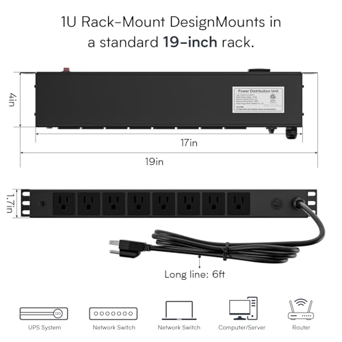 Protector eléctrico Sabethe PDU-03 con 8 tomas, protección contra sobretensiones, 110V/15A, cable de 1.83 m, montaje horizontal 1U para rack de servidor miniatura 3