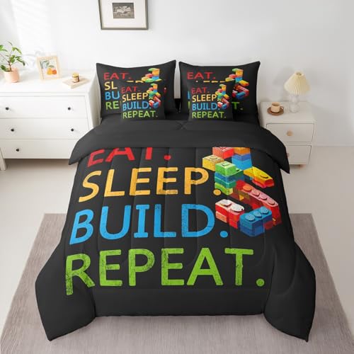 Image of Feelyou Colorful Toy 7 Piece Bedding Set Teen Women Men Funny Building Blocks Decoration Comforter Set with Sheets King Size Kids Boys Cute Games Bed in a Bag Colorful Geometric Brick Room Decor