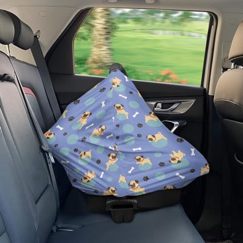 Image of Binienty Cute Pug Infant Carseat Canopy, Dog Paw Prints Breathable Breastfeeding Scarf for Moms, Stretchy Fabric All-Season Use Baby Stroller Canopies