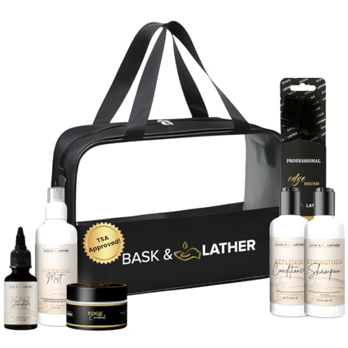Bask & Lather On the Go Travel Essential Kit, Hydrating Hair Products for Black Hair, Travel Case With Shampoo & Conditioner, Mist, Edge Control, Scalp Stimulator & Edge Control Brush, TSA Accepted