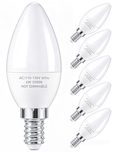 PARTPHONER E12 Base LED Light Bulbs B11 Candelabra Bulbs 60W Equivalent, Non-Dimmable 6W LED Bright Candle Small Base Chandelier Bulb 600 Lumen, 5000K Cold White for Ceiling Fan, Pack of 6
