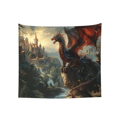 Tapisserie dragon pour cacher un mur abîmé et décorer une chambre sans peinture