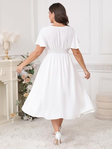 Plus Size Summer Dress V Neck Smocked High Waist Flowy A-Line Lace Trim Boho Wedding Guest Dress4