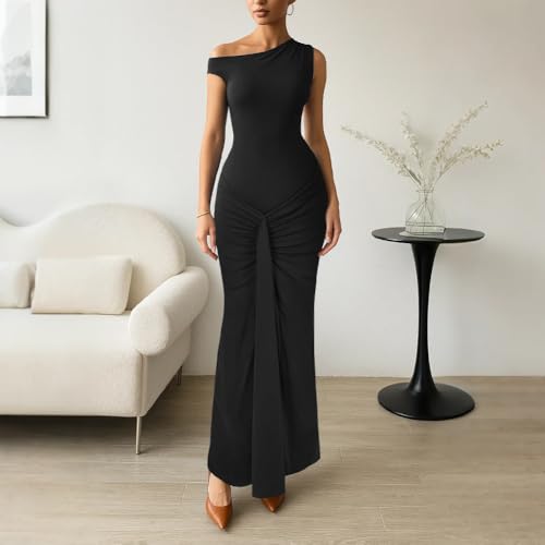 HWP Women Summer Bodycon Maxi Dress Sleeveless Boat Neck Ruched Casual Long Cocktail Dress Black L — view 6