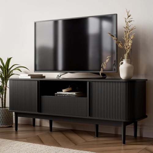 63″ Black TV Stand, Fluted Entertainment Center for TVs up to 70”, Modern TV Stand with Storage, Entertainment Center with Sliding Doors, Wood Media Console for Bedroom, Living Room
