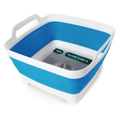 Image of FOSJGO Collapsible Dish Basin with Drain Plug, 2.4 Gal (9L) Space-Saving Foldable Sink, Wash Basin for Kitchen, Baby Bottles, Vegetable Washing, Camping, RV and Party Beverage Tubs (Sky Blue)