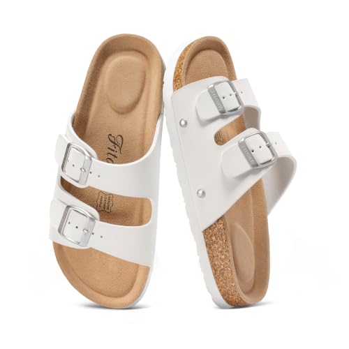 Image of FITORY Womens Flat Sandals with Cork Footbed, Open Toe Arch Support Slides Adjustable Slip On Slippers for Summer 2026 Size 6-11