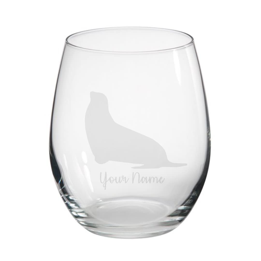 Personalised Seal Engraved Stemless Tumbler Glass, Gift for Women, Gift for Men, Sea lion