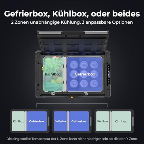 BougeRV Rocky2 39L Kompressor Kühlbox für Auto mit Akku Kühlbox 12V 230V 173Wh Solaraufladung Dual Zone Kühlschrank -20 