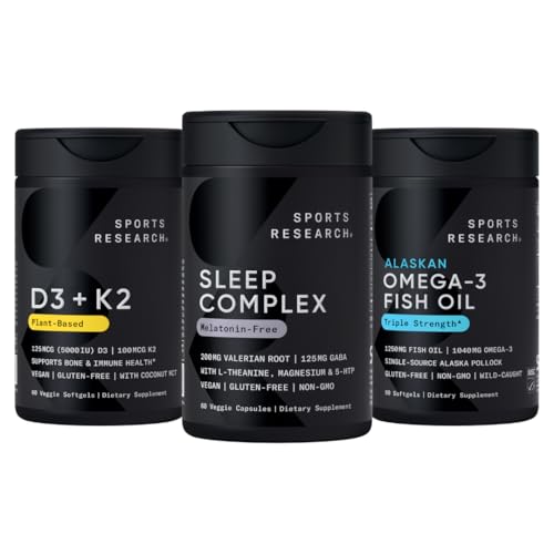 Sports Research® Multivitamin Pack - Melatonin-Free Sleep Complex, Vitamin D3 5000iu + K2 100mcg, and Alaskan Omega-3 Fish Oil 1250mg
