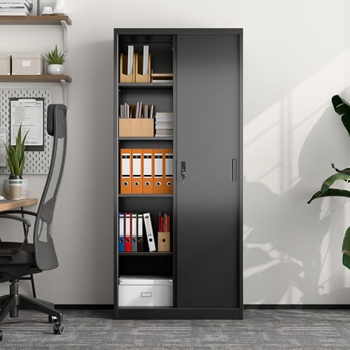 GangMei スチール書庫 鍵付き書庫 鍵付きキャビネット 5段 引き戸タイプ 防衝撃機能付き A4サイズ収納 可動棚 幅80*奥行40*高さ180cm 要組立 ブラック