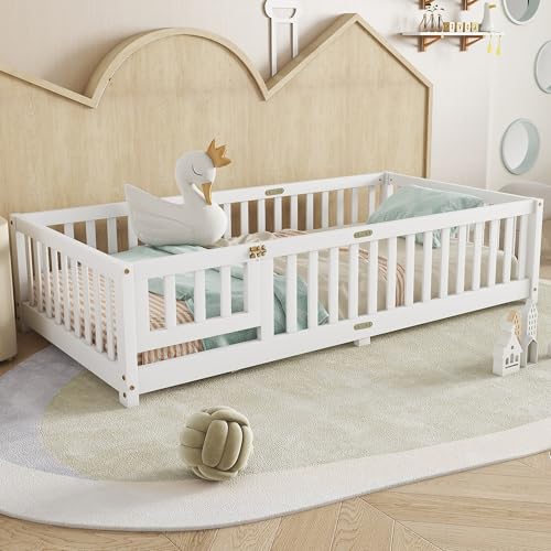 Twin Floor Bed with Slats, Fence and Door, Twin Size...
