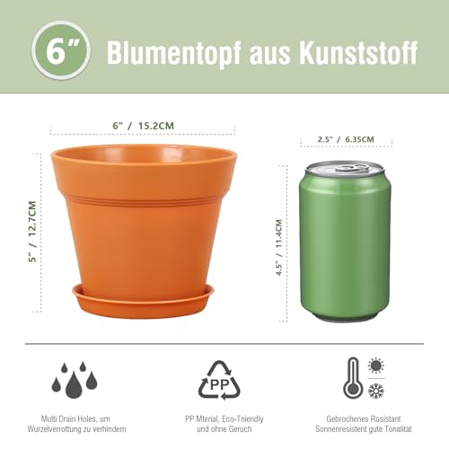 Homeuouz 6 Packs Blumentopf mit Untersetzer, 15.2cm Pflanzentopf, Plastik Übertopf mit Mehrere Ablauflöchern, Hydrokultur Topf… – Ansicht 2