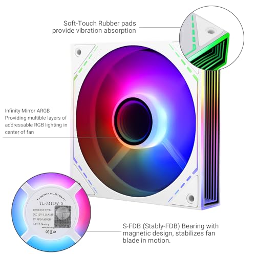 Thermalright TL-M12W-S CPU Fan 120mm Case Cooler Fan ARGB,4pin PWM Connector Silent Computer Fan with S-FDB Bearing,Desktop Cooling Fan has Side ARGB Mirror Light Effect(TL-M12W-S) 3