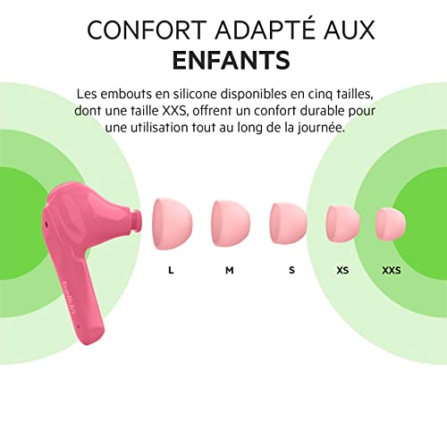 Belkin SOUNDFORM Nano, écouteurs enfants True Wireless, limite de 85 dB (protection auditive), apprentissage en ligne, école, certifié IPX5, 24 h de lecture pour iPhone, Galaxy, Pixel, etc.– Rose