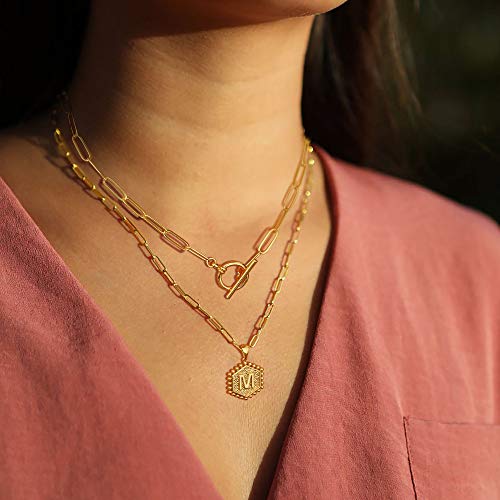 Dainty Layered Initial Necklaces For Women, 14K Gold Plated Paperclip Link Chain Necklace For Women Dainty Hexagon Letter Pendant Initial V Necklace Choker Necklaces Gold Layering Necklaces For Women #TOP3