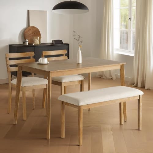 Image of Farmhouse Dining Table, Rectangular Wooden Kitchen Table, Rubberwood Legs