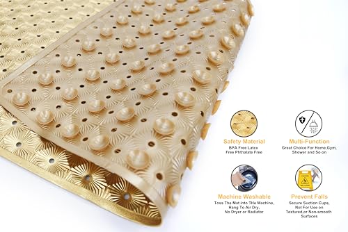 Bathtub Mat Non Slip with Suction Cups 15"x27" - Anti-Slip Shower Mat for Kids, Toddlers, and Seniors - Machine Washable Bath Tub Mat with Multiple Drainage Holes (Gold)