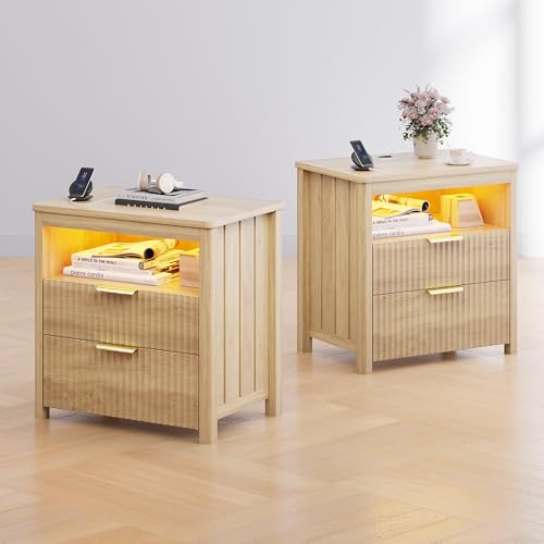 Lvifur 24" Wide LED Nightstand with 3 Drawer and Auto Sensor for Bedroom Natural,Set of 2 Modern Wood Bedside Table with 3 Color Light and USB&Type-C Smart End Table for Office